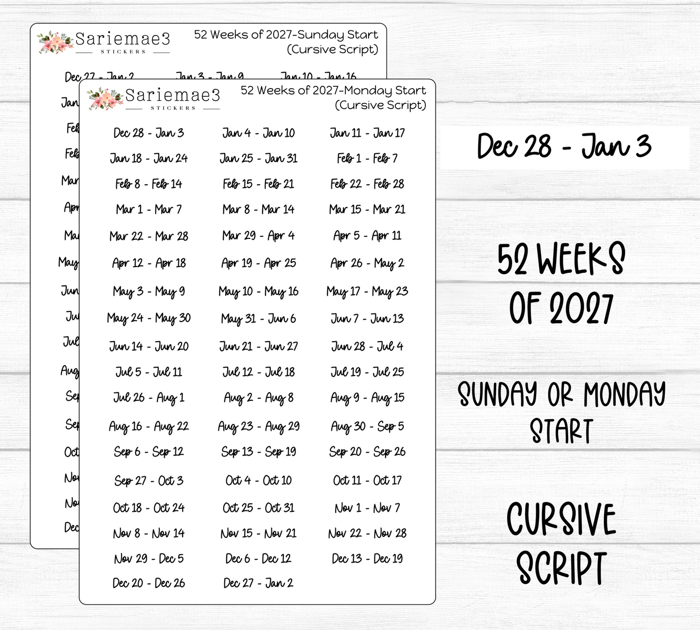 52 Weeks of 2027 (Cursive)