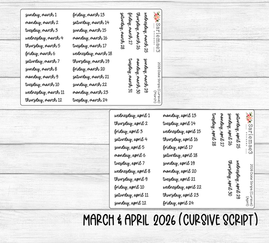 2026 Date Strips (Cursive Script)
