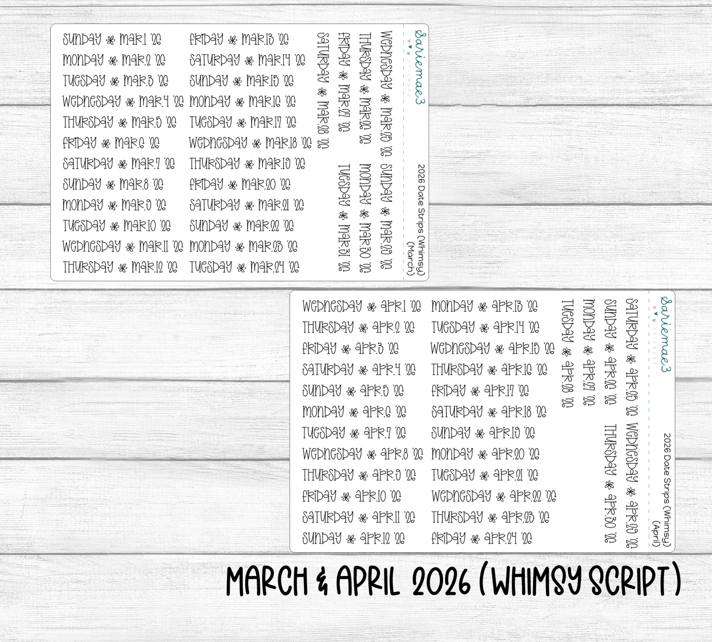 2026 Date Strips (Whimsy Script)