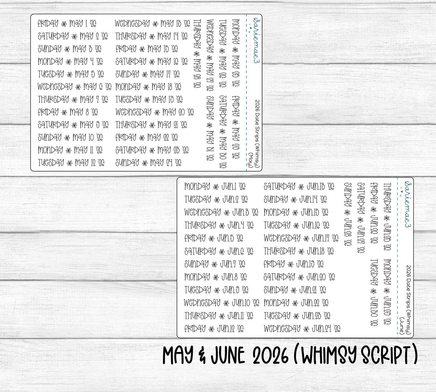 2026 Date Strips (Whimsy Script)