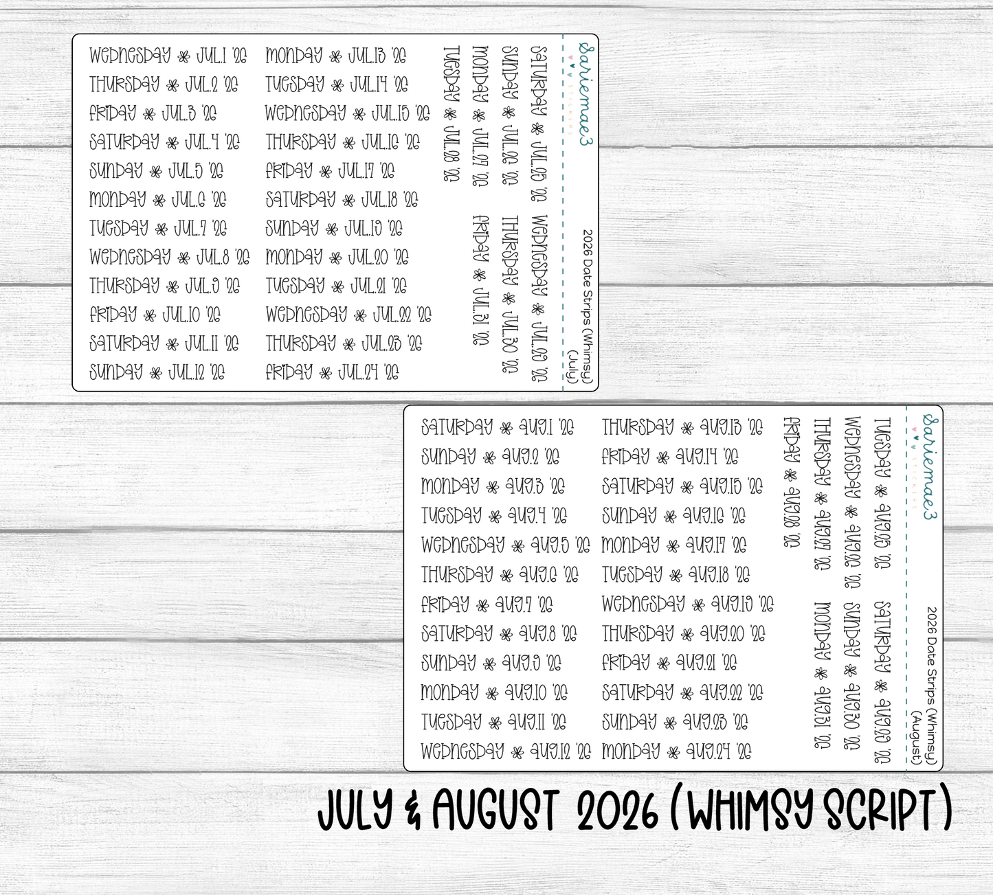 2026 Date Strips (Whimsy Script)