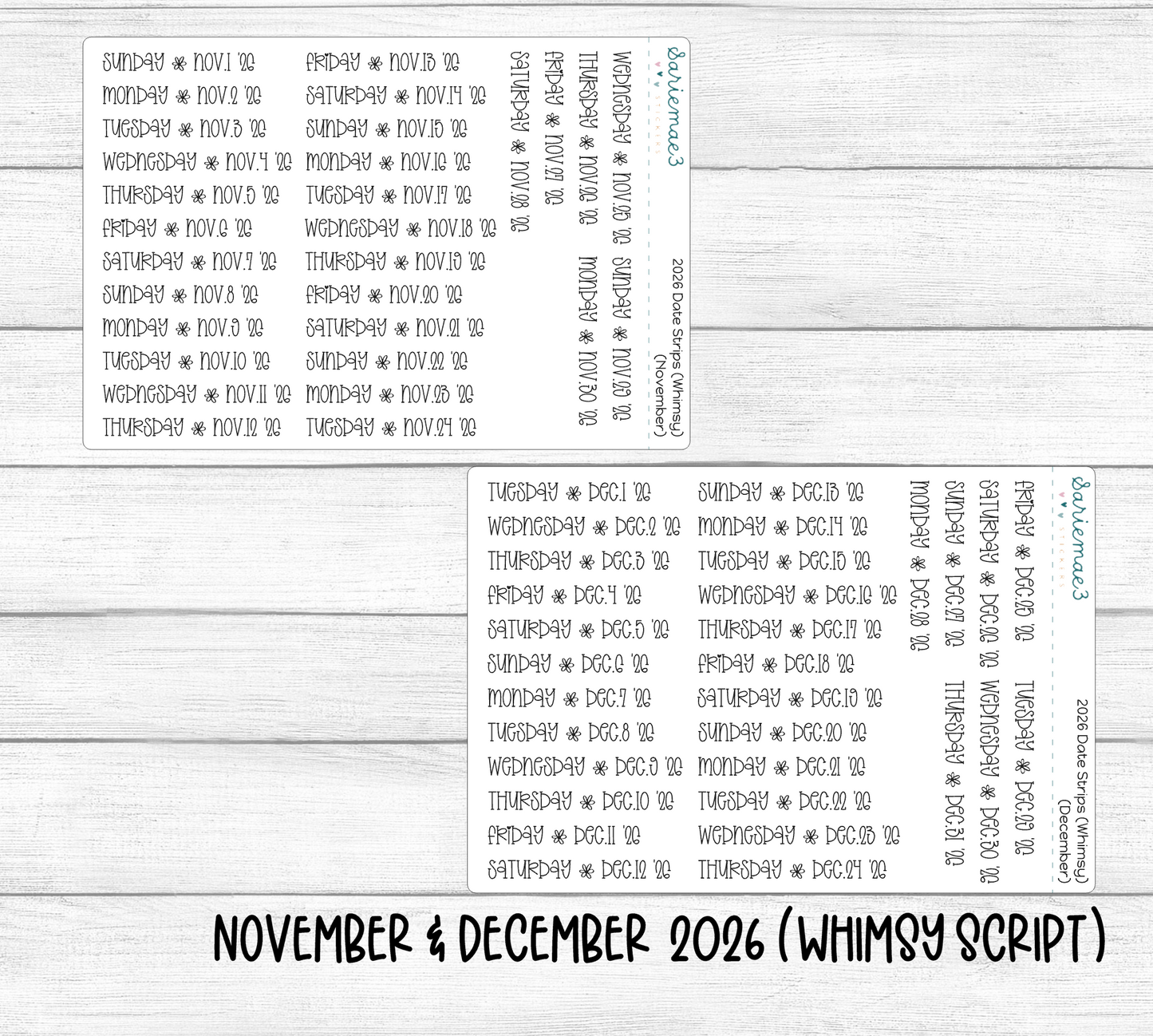 2026 Date Strips (Whimsy Script)