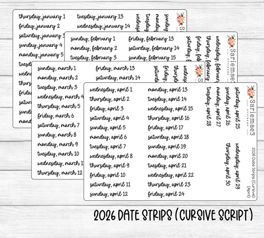 2026 Date Strips (Cursive Script)