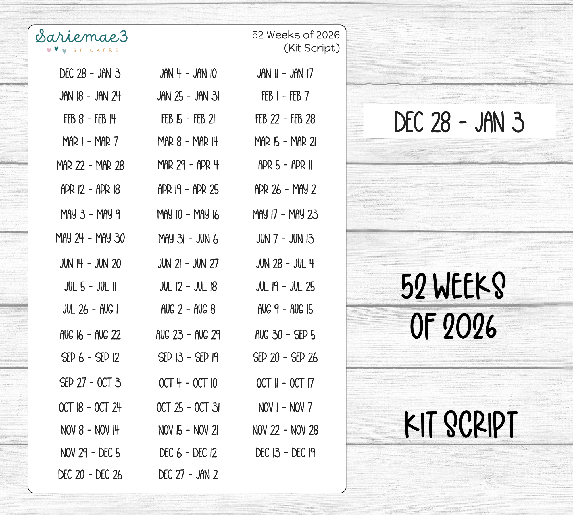 52 Weeks of 2026 (Kit Font) – SarieMae3
