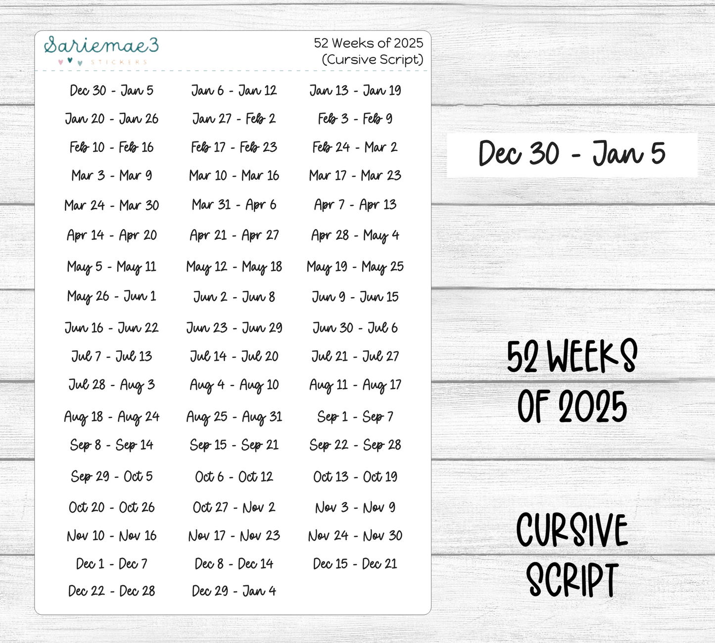 52 Weeks of 2025 (Cursive)