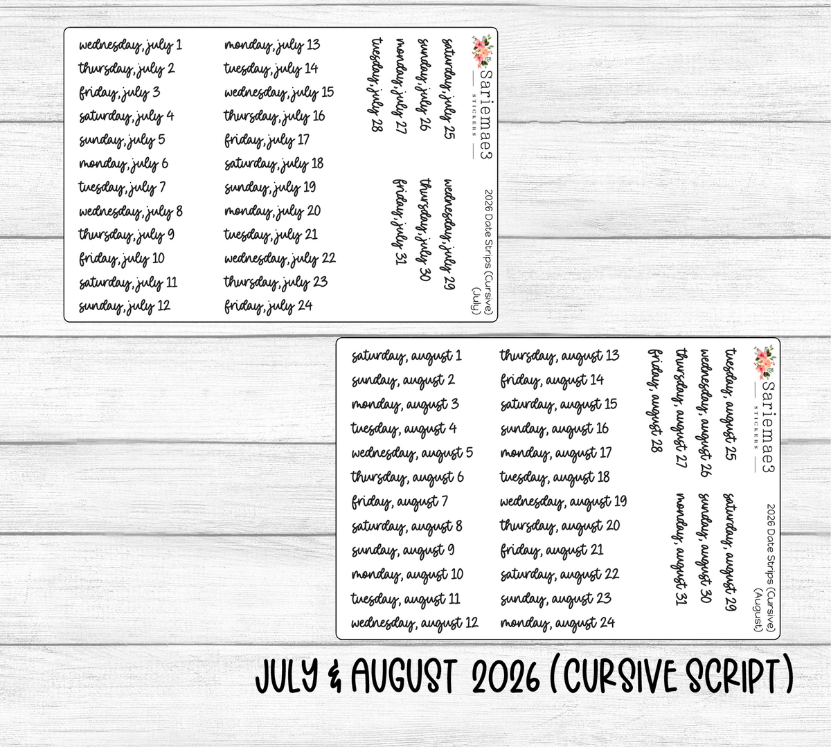 Scrolling Cursive Date 2026 Date Strips (Cursive Script) – SarieMae3