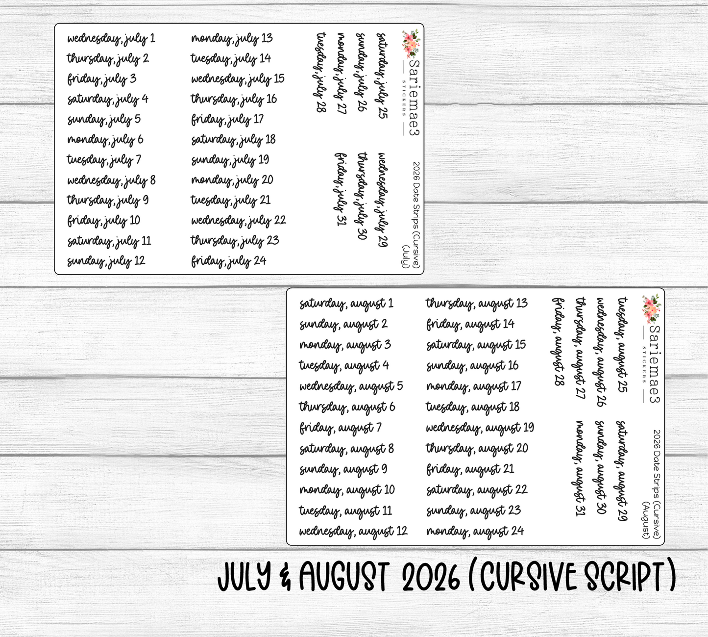 2026 Date Strips (Cursive Script)