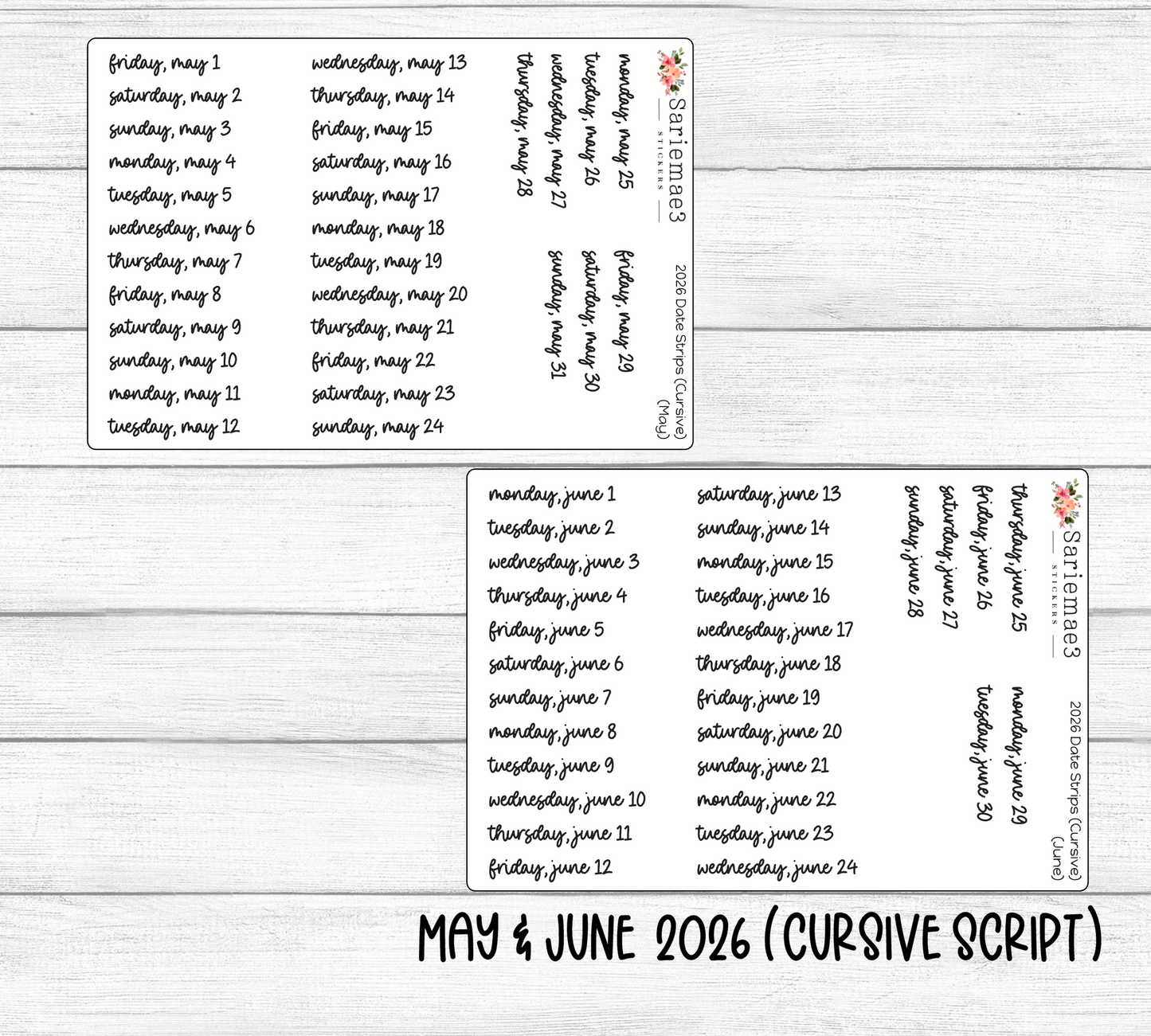 2026 Date Strips (Cursive Script)