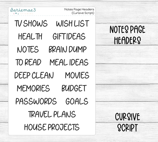 Notes Page Headers (Cursive)