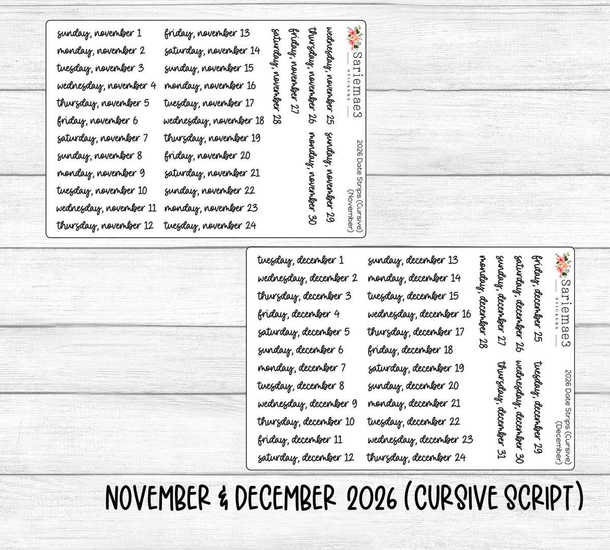 November In Cursive 2026 Date Strips (Cursive Script) – SarieMae3