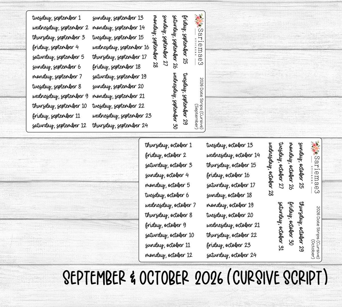 Initial Date Cursive 2026 Date Strips (Cursive Script) – SarieMae3